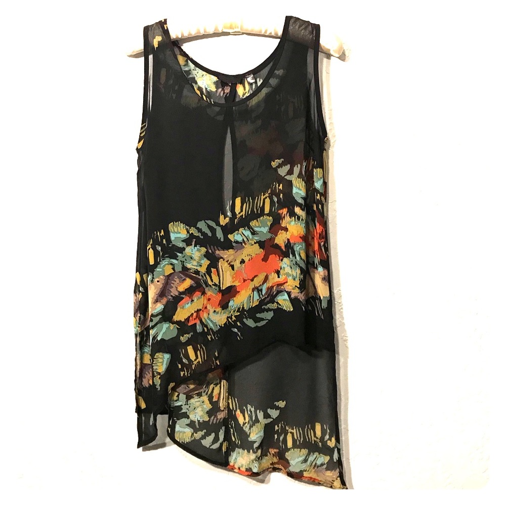 Dex Asymmetrical Black Abstract Sheer Tank Small
